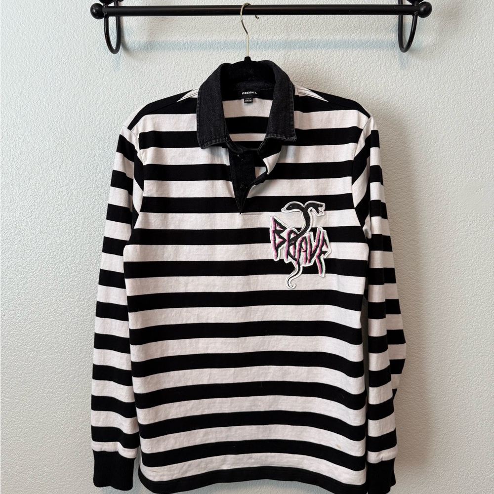 Diesel Black and White Striped Polo Shirt